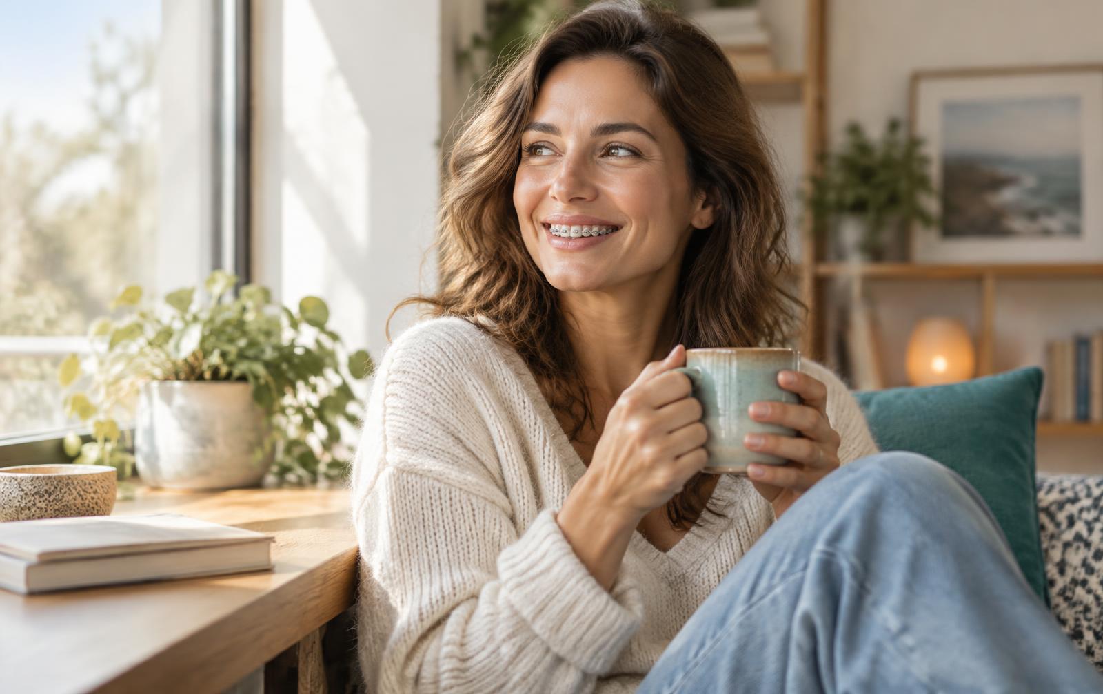 Adult with braces smiling and holding a mug by a sunny window